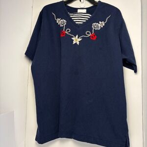 Mix & Max‎ Woman Navy Nautical Embroidered V-Neck T-Shirt Plus Size 22W 24W